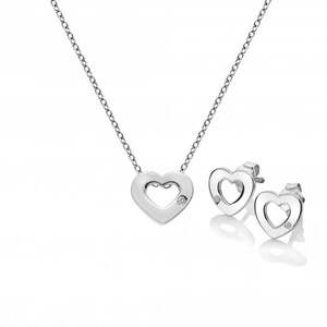 "A sterling silver jewelry set featuring a delicate cable chain necklace with an open, asymmetric heart-shaped pendant and a matching pair of small heart stud earrings, each accented with a tiny round-cut diamond."