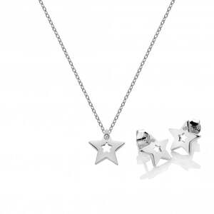 "A sterling silver jewelry set featuring a delicate cable chain necklace with an open-center star pendant and a matching pair of small star stud earrings, each accented with a tiny round-cut diamond."