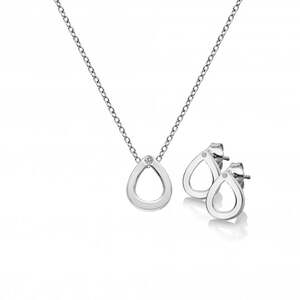 "A sterling silver jewelry set featuring a delicate cable chain necklace with an open, teardrop-shaped pendant and a matching pair of small teardrop stud earrings, each accented with a single round-cut diamond."