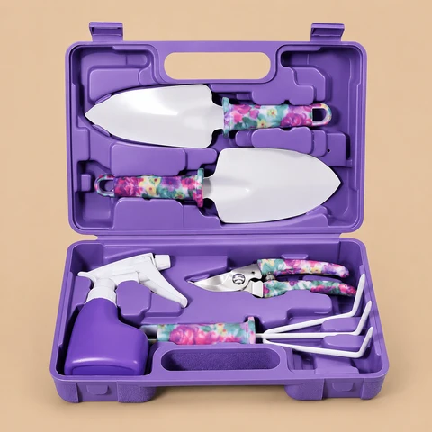 Open purple plastic carrying case containing a 5-piece gardening tool set with vibrant floral-patterned handles.