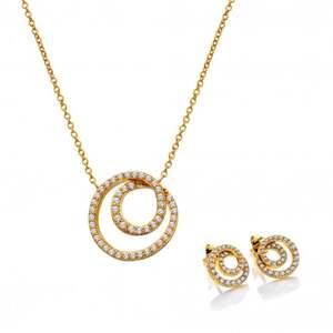 "A matching jewelry set in 18ct gold plated sterling silver, featuring a cable chain pendant necklace and stud earrings shaped into two interlocking open circles paved with shimmering white topaz stones."