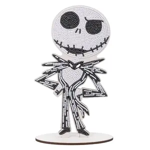 A shimmering diamond-painted Jack Skellington wooden figurine crafted using faceted black and white resin rhinestones.