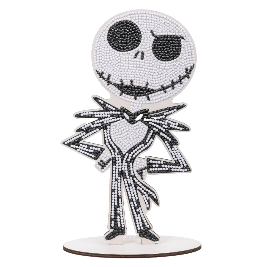 A shimmering diamond-painted Jack Skellington wooden figurine crafted using faceted black and white resin rhinestones.