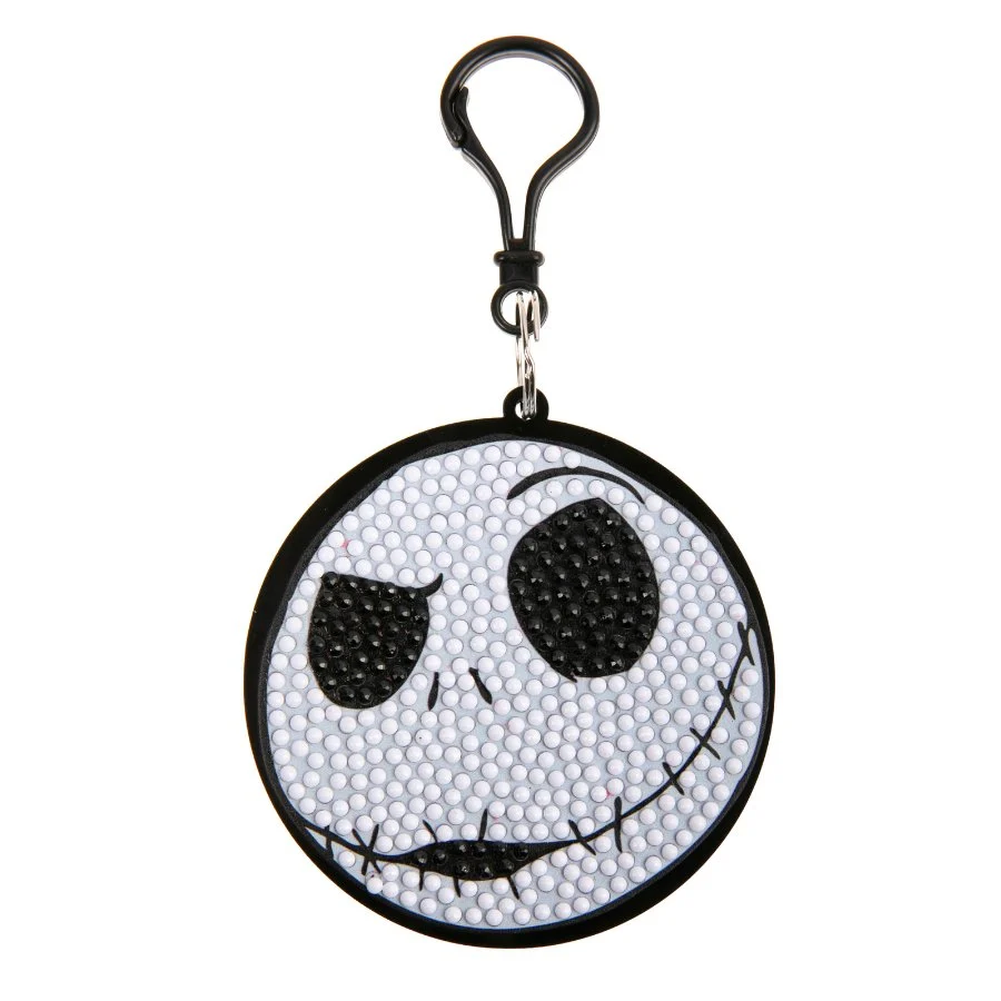 An officially licensed diamond-painted Jack Skellington keyring crafted using faceted black and white resin crystal gems.