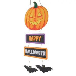 A completed 5D diamond painting Halloween door hanger made of glittering resin crystal rhinestones on individual wooden panels.