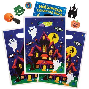 A collection of Halloween party favor supplies, including three plastic loot bags featuring a haunted house design, a mini Halloween coloring book, a pumpkin maraca, and assorted spooky stickers.
