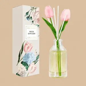 A floral "Home Fragrance" reed diffuser set featuring a ribbed glass bottle with pink tulips and a botanical-print gift box.