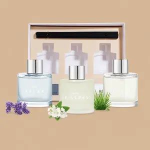 A trio of reed diffuser bottles labeled "Relax," "De-Stress," and "Revive" displayed with their product packaging and small botanical accents.
