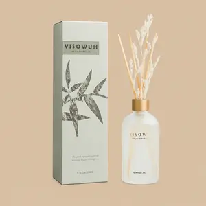 A YISOWUH reed diffuser set featuring a minimalist frosted glass bottle with wooden sticks, white dried florals, and a sage green gift box.