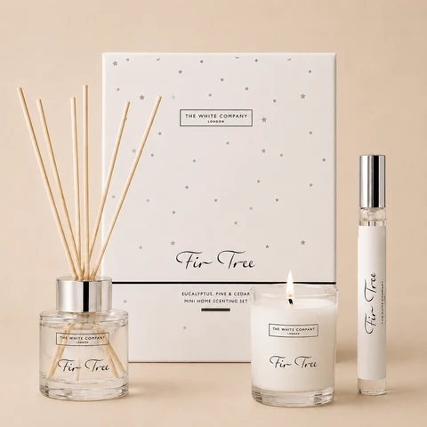 The White Company Fir Tree home fragrance gift set with eucalyptus, pine, and cedarwood notes, featuring a mini diffuser, candle, and room spray.