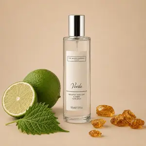 The White Company Verde 100ml home spray featuring fresh fragrance notes of bergamot, shiso leaf, and warm amber resin.