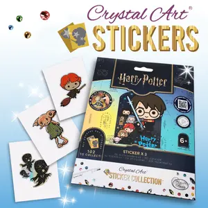 An advertisement image showing an unopened dark blue Harry Potter Crystal Art Sticker Pack alongside three completed sparkling rhinestone stickers featuring Ron Weasley, Dobby, and Harry Potter motifs.