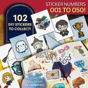 An advertising graphic showing an open sticker collection album decorated with various sparkly, completed rhinestone diamond painting stickers of Harry Potter characters and icons, surrounded by individual loose stickers against a red backdrop.