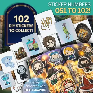 An advertisement graphic showing an open sticker collection album decorated with various sparkly, completed rhinestone diamond painting stickers of Harry Potter characters and potion bottles, surrounded by individual loose stickers against a red-tinted backdrop.