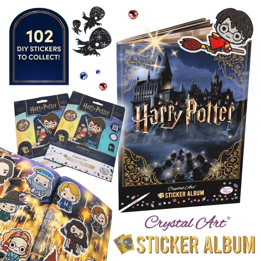 An advertisement graphic showing a Harry Potter Crystal Art Sticker Album with a dark illustration of Hogwarts castle, displayed alongside blind packs and an open preview page filled with completed rhinestone stickers.