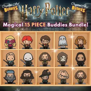 An advertisement graphic for a "Magical 15 PIECE Buddies Bundle!" featuring fifteen completed, sparkling rhinestone Harry Potter character figurines displayed in rows on a wooden shelving unit.