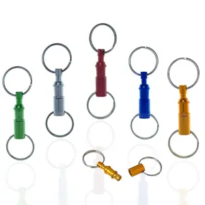 Five colorful pull-apart quick-release keychains arranged vertically in a row with one separated pair disassembled at the bottom.
