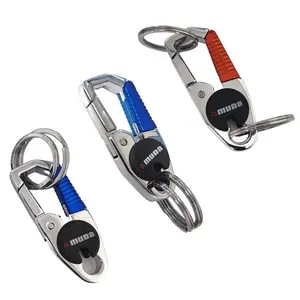 Three heavy-duty metal carabiner keychains with "Omuda" branding, shown in blue and red color variants on a plain white background.
