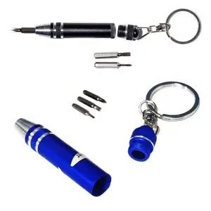 Two versions of a mini pocket screwdriver tool kit keyring, showing one assembled in black and one disassembled in blue with removable precision bits.