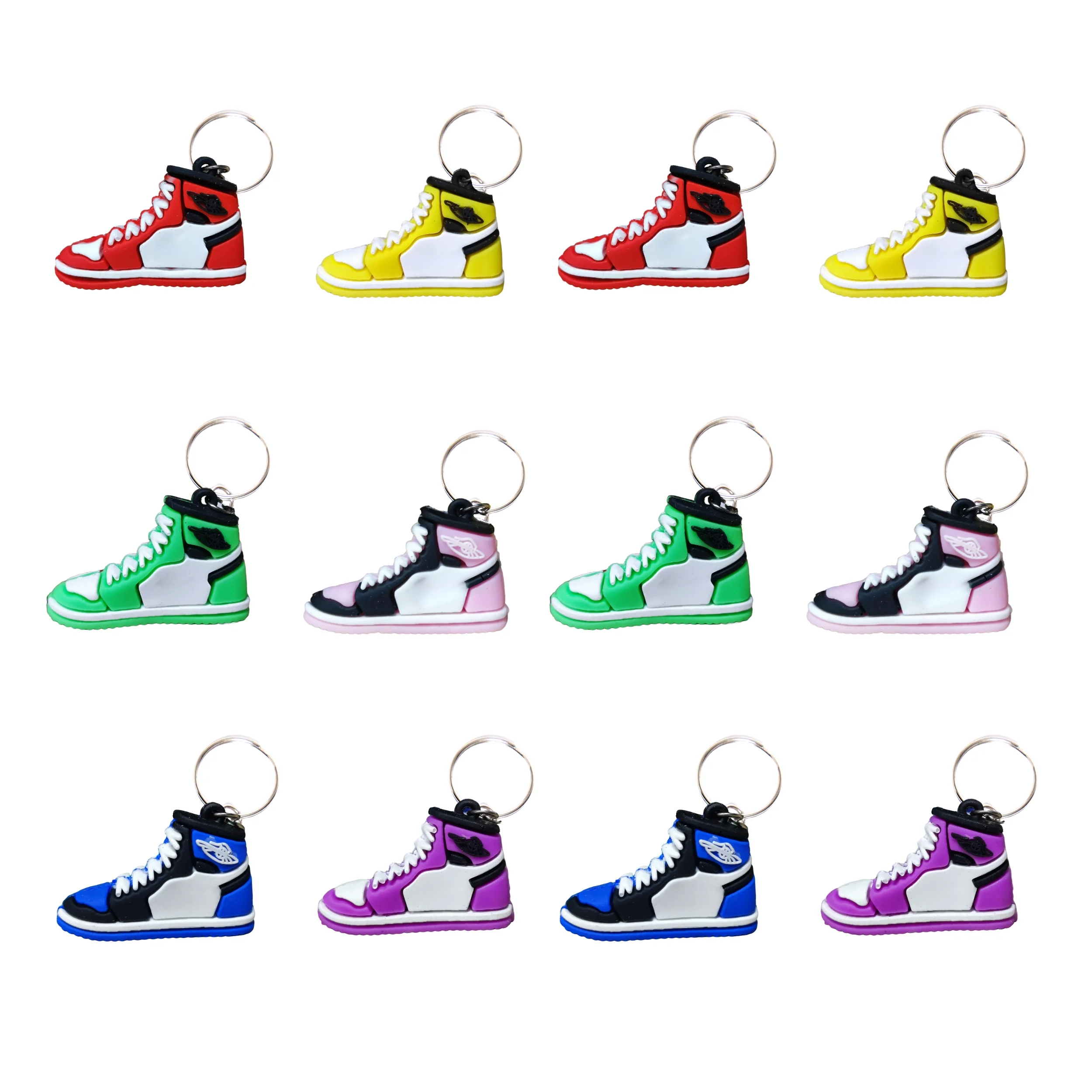A grid of twelve colorful miniature sneaker keychains shaped like high-top basketball shoes.