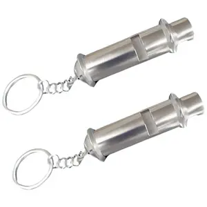Two identical brushed silver metal whistle keychains arranged diagonally against a plain white background.