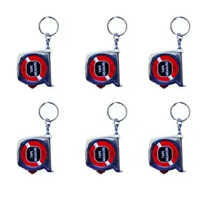 A grid layout of six identical mini tape measure keychains with silver housings and red circular labels.