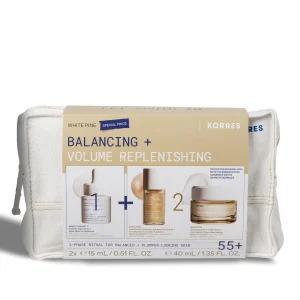 Korres White Pine Balancing + Volume Replenishing skincare ritual gift set for skin aged 55+.