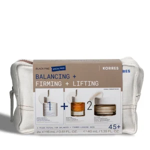 Korres Black Pine Balancing + Firming + Lifting 2-phase skincare ritual set for skin aged 45+.