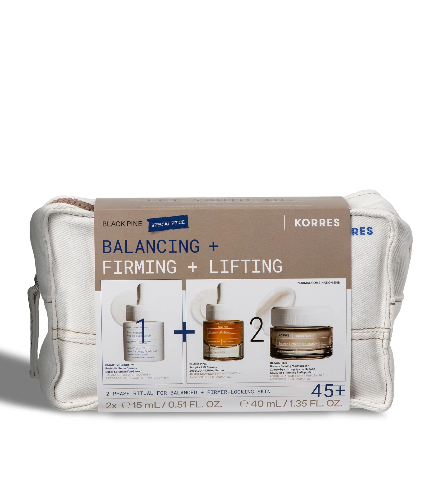 Korres Black Pine Balancing + Firming + Lifting 2-phase skincare ritual set for skin aged 45+.