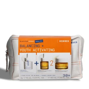 Korres Black Pine Primus Balancing + Youth Activating 2-phase skincare ritual set for skin aged 30+.