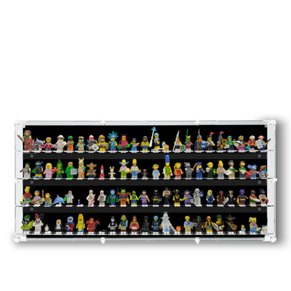 A wide, clear acrylic wall-mounted display case filled with rows of colorful LEGO The Simpsons minifigures neatly arranged against a solid black background.