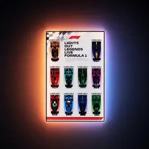A vertical, wall-mounted Brick Zone Hub F1 10-Car Display Case Panel titled "LIGHTS OUT LEGENDS LIVE FORMULA 1" showcasing ten brick-built race cars in a 3x4 grid formation with split orange and blue integrated ambient backlighting.