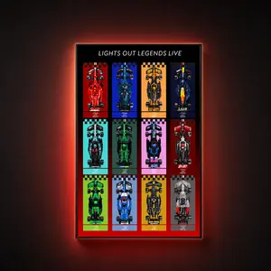 A vertical wall-mounted display frame titled "LIGHTS OUT LEGENDS LIVE" showcasing a full grid of ten LEGO Speed Champions Formula 1 race cars with custom integrated backlighting.