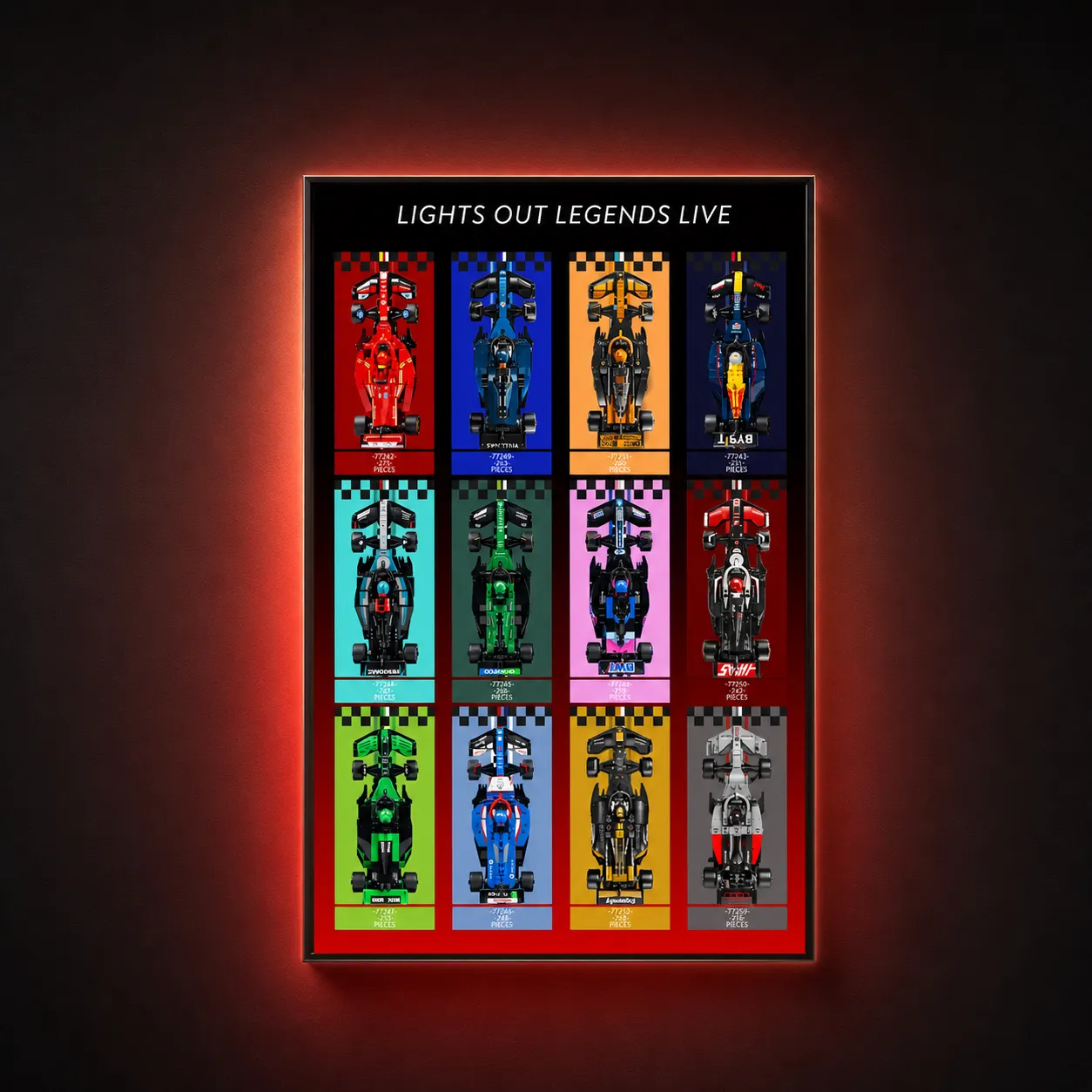 A vertical wall-mounted display frame titled "LIGHTS OUT LEGENDS LIVE" showcasing a full grid of ten LEGO Speed Champions Formula 1 race cars with custom integrated backlighting.