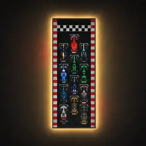 A vertical, wall-mounted LEGO Speed Champions F1 12-Car Track display frame configured to replicate a starting grid with 12 brick-built race cars, framed by a classic red and white checkered racetrack curbing border and warm integrated ambient backlighting.