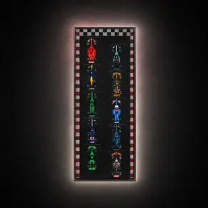 A vertical, wall-mounted LEGO Speed Champions F1 11-Car Track display frame configured like a starting grid with 11 brick-built race cars, surrounded by a red and white checkered racetrack curbing border and warm integrated ambient backlighting.
