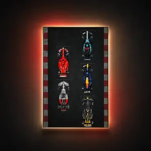 A vertical, wall-mounted LEGO Speed Champions F1 5-Car Track display frame mimicking a starting grid with five brick-built race cars, framed by a red and white checkered racetrack curbing border and glowing orange ambient backlighting. [1] (https://brickzonehub.co.uk/products/wall-display-frame-for-lego-speed-champions-f1-5-car-track-version-50-x-80-cm?srsltid=AfmBOoojJ6A5PTJPXA2xgKEwLx3NzS2HvzmVo3LD730QZw_no8DbcadL)