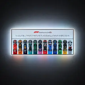 A horizontal, illuminated LEGO Speed Champions Formula 1 wall display frame featuring 12 brick-built race cars lined up side-by-side below an official "#WeRaceAsOne" banner and a row of iconic F1 circuit outlines.