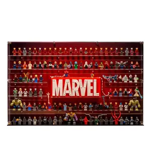 A large, wall-mounted acrylic display case filled with a massive collection of LEGO Marvel minifigures organized on rows of clear shelves around a central, illuminated red and white Marvel logo.