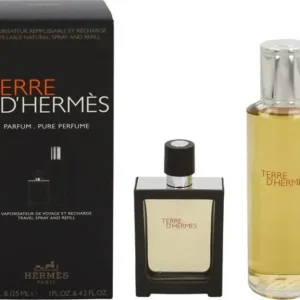 A gift set of Terre d'Hermès Pure Perfume, featuring a black box, a small travel spray bottle, and a tall glass refill bottle.