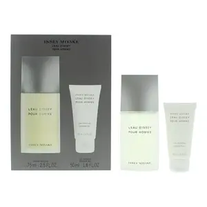 An Issey Miyake L'Eau d'Issey Pour Homme men's grooming gift set featuring a rectangular 75ml bottle of Eau de Toilette and a matching 50ml tube of shower gel, shown both arranged inside their dark grey presentation box and displayed loosely on a white backdrop.
