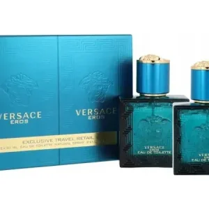 A Versace Eros Eau de Toilette Exclusive Travel Retail duo set, showing two identical turquoise cologne bottles next to a matching blue presentation box
