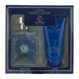 A Designer French Collection Victory Gift Set, a clone alternative of Versace Pour Homme, featuring a 100ml Eau de Toilette bottle and a 120ml tube of perfumed shower gel inside a dark blue patterned box.