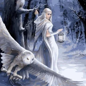 A completed paint-by-numbers canvas of "Midnight Messenger" by Anne Stokes, featuring an elven woman with a lantern and a snowy owl in a winter forest.