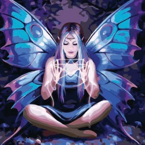 A completed paint-by-numbers canvas of "Spell Weaver" by Anne Stokes, showing a winged fairy sitting cross-legged and casting a spell.