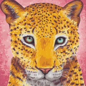 A completed paint-by-numbers canvas titled "Rise" by Rachel Froud, featuring a close-up portrait of a leopard against a pink background.