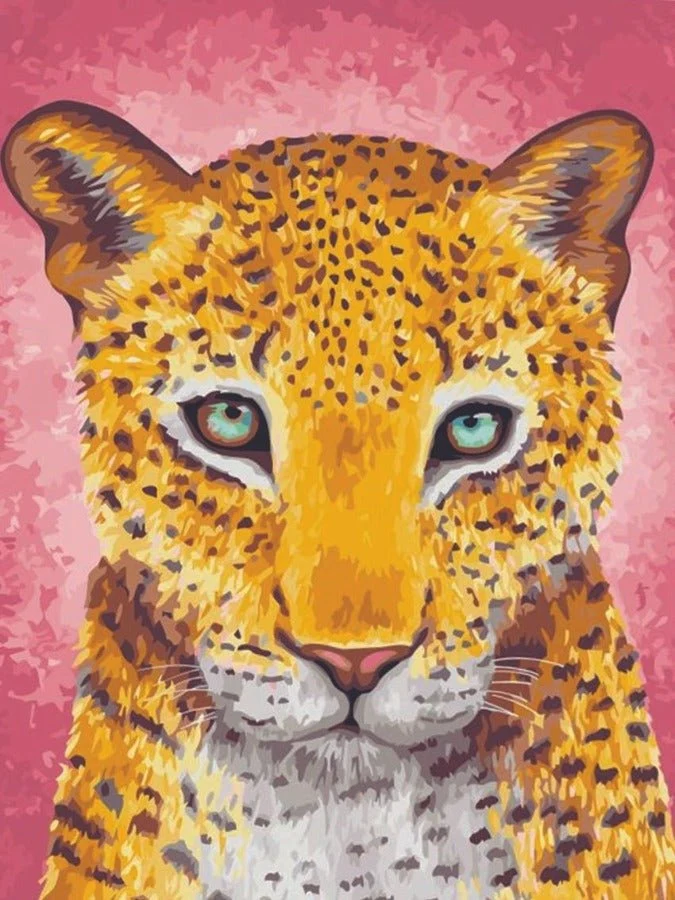 A completed paint-by-numbers canvas titled "Rise" by Rachel Froud, featuring a close-up portrait of a leopard against a pink background.