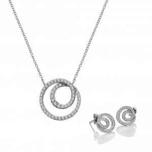"A matching jewelry set in polished 925 sterling silver, featuring a fine cable chain pendant necklace and stud earrings shaped into two interlocking open circles paved with shimmering white topaz stones."