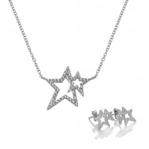 "A matching jewelry set in polished 925 sterling silver, featuring a fine cable chain necklace and stud earrings shaped into two overlapping open stars paved with shimmering white topaz stones."