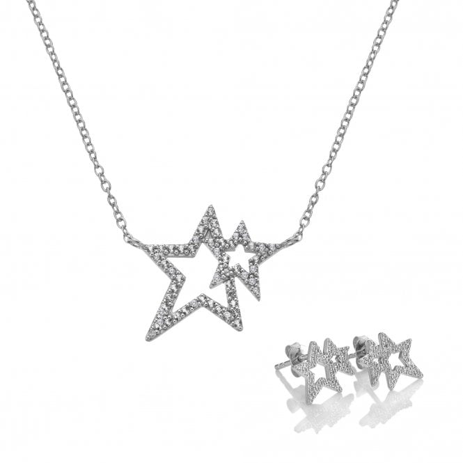 "A matching jewelry set in polished 925 sterling silver, featuring a fine cable chain necklace and stud earrings shaped into two overlapping open stars paved with shimmering white topaz stones."